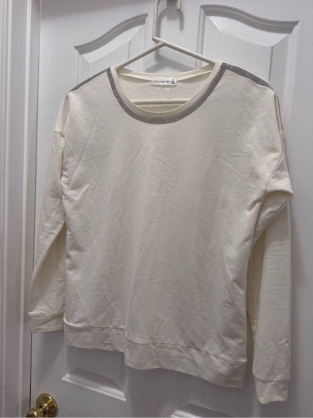 Womens long sleeve t shirt Cream Crewneck with rhinestone shoulder trim. See pic